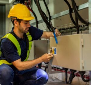Qualified electrician inspecting and maintaining an electrical control panel in a commercial facility