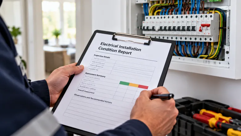 Electrician completing an EICR certificate while inspecting a consumer unit and electrical wiring.