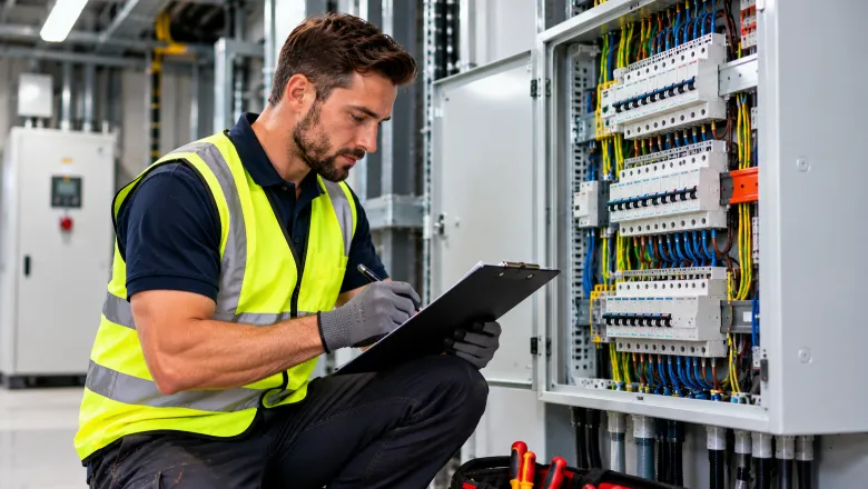 **Alt text:** Electrician carrying out routine electrical maintenance and safety checks on a commercial electrical panel.