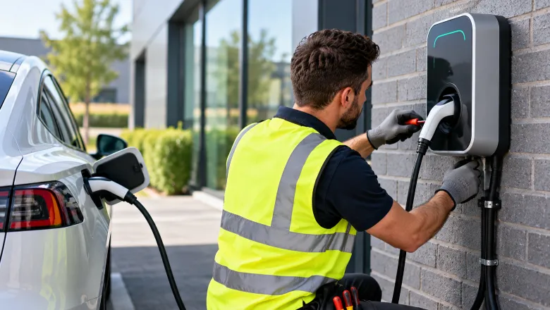 **Alt text:** Electrician installing a wall-mounted EV charger for an electric vehicle at a commercial property.
