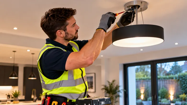 **Alt text:** Electrician installing a ceiling light as part of home electrical services in a modern residential property.